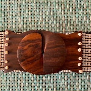 Beautiful beaded belt fits Size M/L Gorgeous neutrals. Carved wood fasteners.